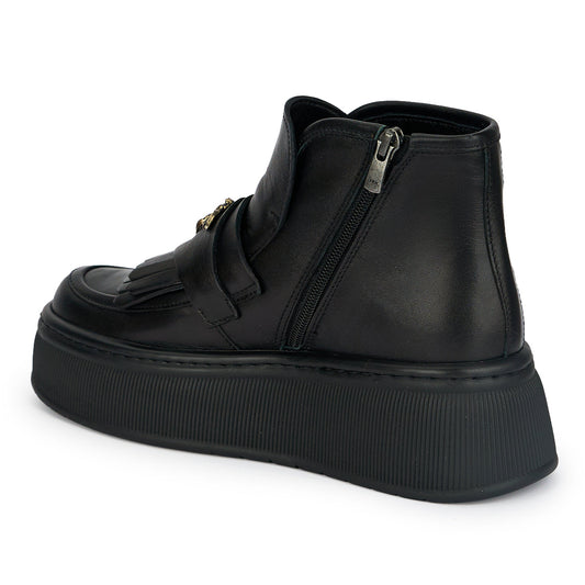 Ghete dama din piele naturala neagra cu accesoriu metalic 19160