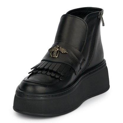 Ghete dama din piele naturala neagra cu accesoriu metalic 19160